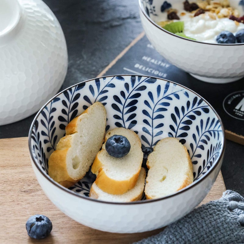 Swuut Japanese Style Ceramic Cereal Bowls,24 Ounces Salad,Soup Ramen Pho Salad Bowl Set of 6,Blue and White Floral Microwave Safe for Kitchen (6 inch) - Image 5